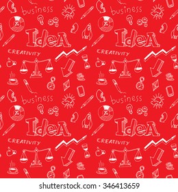 Creativity business idea doodle seamless pattern for your design project. Hand drawn vector illustration. White elements on red background