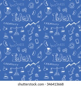 Creativity business idea doodle seamless pattern for your design project. Hand drawn vector illustration. White elements on blue background