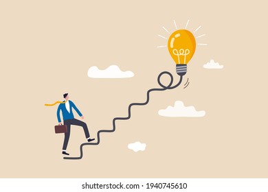 Creativity for business idea, thinking and brainstorm for new idea or opportunity, career path or goal achievement, businessman start walking on electricity line as stairway to big idea lightbulb.