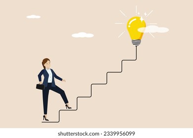 Creatividad de la idea de negocio, pensamiento de nueva idea o oportunidad, trayectoria profesional o logro de objetivos, la mujer de negocios empieza a caminar por el camino eléctrico como escalera a la bombilla de ideas.