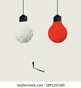 Creativity business vector concept with two lightbulbs and businessman. Symbol of new ideas, innovation. Eps10 illustration.