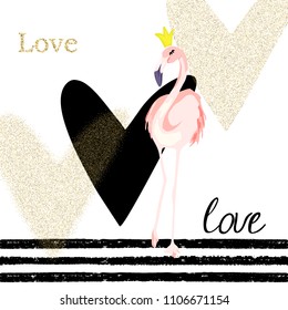 Creativity card with flamingo and gold glitter hearts. For flyers, banners, posters, valentines day. Vector illustration