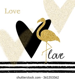 Creativity card with gold glitter flamingo and different hearts. For flyers, banners, posters