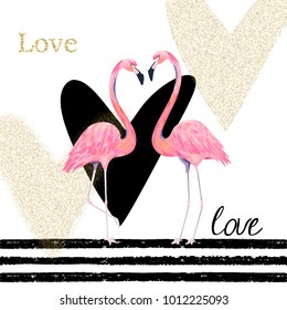 Creativity card with watercolor  flamingo and gold glitter hearts. For flyers, banners, posters, valentines day. Vector watercolour illustration