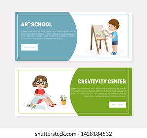 Creativity Center, Art School Banner, Landing Page Template, Children Drawing and Painting in Art Class Vector Illustration