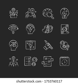 Creativity chalk white icons set on black background. Idea generation. Imagination of creative artist mind. Logical approach to problem solving. Mental health. Isolated vector chalkboard illustrations