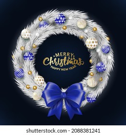 Creativity Christmas wreath made of white twigs of a Christmas tree with balls and a satin blue bow. Blank for a greeting card with the inscription - Merry Christmas and New Year. Vector