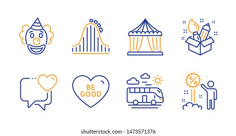 Creativity  Circus tent   Heart line icons set  Bus travel  Be good   Roller coaster signs  Clown  Discount symbols  Design idea  Attraction park  Holidays set  Line creativity icon  Vector