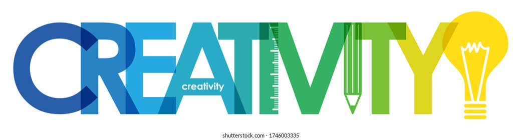 CREATIVITY colorful gradient vector typography banner with ruler, pencil and light bulb symbols