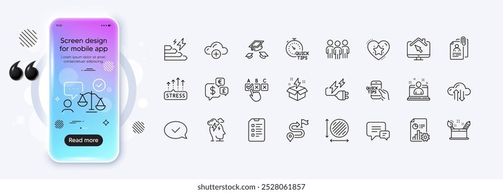 Creativity concept, Approved message and Comment line icons for web app. Phone mockup gradient screen. Pack of Checklist, Stress, Cloud computing pictogram icons. Vector