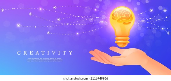 Creativity Concept Banner With Hand Holding Glowing Brain Within Light Bulb On Bokeh Background. Vector Illustration