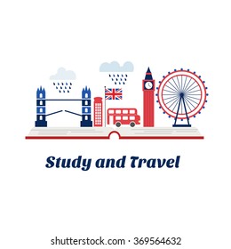 Creativity concept for English courses or school in London. Open books with Big Ben, London bus, red phone box, Tower bridge Also can be used like logo travel agency. Made in vector.