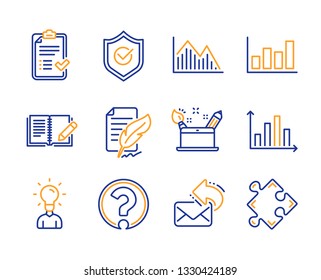 Creativity concept, Feather signature and Question mark icons simple set. Approved shield, Report diagram and Investment graph signs. Approved checklist, Education and Feedback symbols. Vector