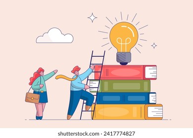 Creativity concept. Imagination or education to develop skills. Knowledge to achieve success, inspiration or finding solution, young adult man climb up ladder on book stack to find creative lightbulb.