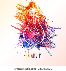 Creativity concept. Light bulb with colorful crayon splashes. Concept or creative thinking and unique ideas. Vector illustration
