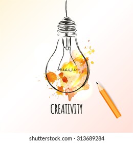 Creativity concept. Light bulb with watercolor splashes. Concept or creative thinking and unique ideas. Vector illustration
