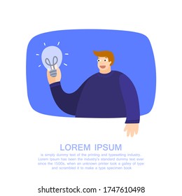 Creativity concept. Man holding a lamp as a symbol of ideas. Creative problem solving. Result creative approach. Vector illustration flat style design. Handsome young man holding light bulb - vector