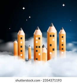 Creativity concept. Pencils like city buildings surrounded by clouds at night sky with stars, vector illustration