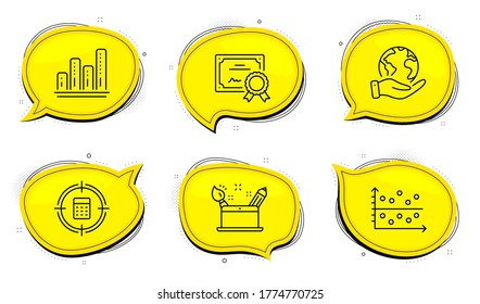 Signo de concepto de creatividad. Certificado de diploma, salva las burbujas de chat del planeta. Conjunto de iconos de línea de gráfico de gráfico de gráfico de gráfico de punto, punto de gráfico de punto de cálculo y gráfico de gráfico. Auditoría, gráfico de presentación, informe de crecimiento. Arte gráfico. Vector