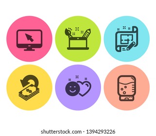 Creativity concept, Smile and Cashback icons simple set. Internet, Architect plan and Water cooler signs. Graphic art, Social media like. Business set. Flat creativity concept icon. Circle button
