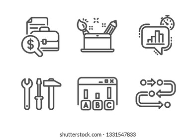 Creativity Concept, Survey Results And Spanner Tool Icons Simple Set. Statistics Timer, Accounting Report And Methodology Signs. Graphic Art, Best Answer. Technology Set. Line Creativity Concept Icon