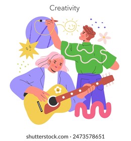 Concepto de creatividad. Dos personajes dedicados a la expresión artística: dibujar y tocar la guitarra. Representante de las artes, inspiración e innovación. Ilustración vectorial.