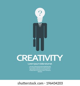 Creativity concept vector illustration with businessman and his head replaced with light-bulb and space for your text. Eps10 vector illustration
