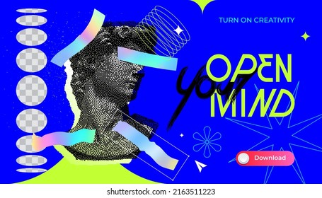 Creativity concept. Web banner with Michelangelo's David bust. Aesthetic contemporary art collage. Vaporwave style poster concept. Vector  illustration