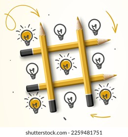 Creativity concepts ideas and performance, light bulb with tic tac toe game, vector illustration