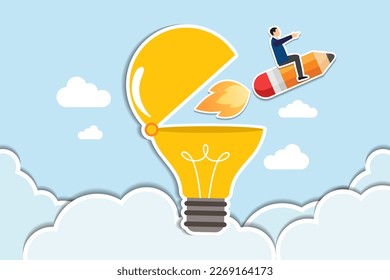 Creativity to create new idea, imagination or invention, education or genius idea, writing content or boost creative thinking concept, man riding pencil rocket from opening lightbulb. paper cut style