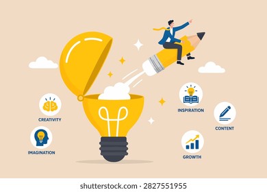 Creativity to create new idea, imagination or invention, inspiration, education or genius idea, writing content or boost creative thinking concept, man rid VECTOR