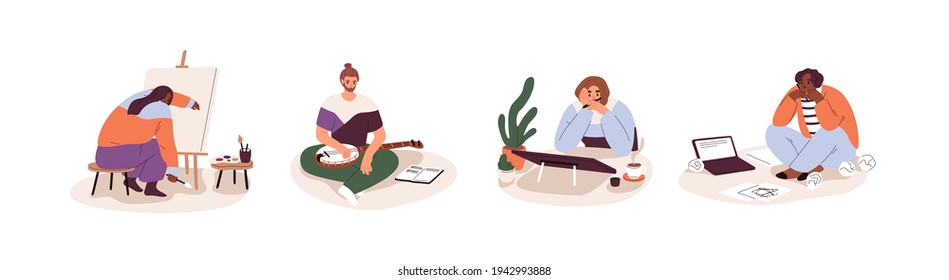 Creativity crisis and burnout concept. Set of sad creative people with no ideas and inspiration, problems with imagination at work. Colored flat vector illustration isolated on white background