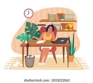 Creativity crisis. Sad, confused, tired woman, writer sitting at desk with clean sheet of paper on it, flat vector illustration. Creative crisis and burnout, depression, mental stress.