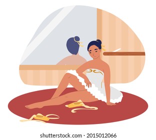 Creativity crisis. Tired ballet dancer, sad ballerina sitting on the floor, flat vector illustration. Creative crisis and burnout, depression, stress.