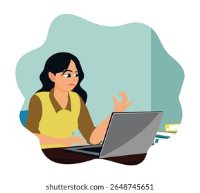 Criatividade. A jovem está deprimida em frente ao seu laptop por causa de problemas iniciais de trabalho.