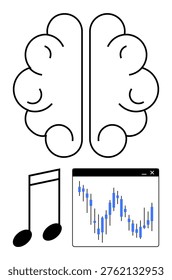 Creativity, data analysis, music appreciation, artificial intelligence, financial studies, brain activity. Minimalistic brain with a music note and financial chart. Creativity and data analysis