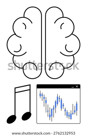 Creativity, data analysis, music appreciation, artificial intelligence, financial studies, brain activity. Minimalistic brain with a music note and financial chart. Creativity and data analysis