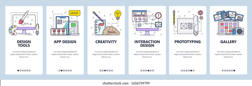 Creativity and design icons, drawing, painting, color palette, photo album, prototyping. Mobile app onboarding screens. Vector banner template for website mobile development. Web site illustration