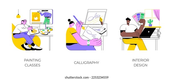 Creativity development isolated cartoon vector illustrations set. Painting classes, calligraphy and lettering, interior design online lessons, hand made masterclass, creative hobby vector cartoon.