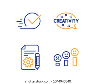 Creativity, Documentation and Checkbox icons simple set. Customer satisfaction sign. Inspiration, Project, Approved. Happy smile chart. Education set. Linear creativity icon. Colorful design set