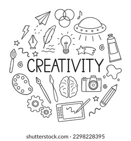 Creativity doodle set. Art in sketch style. Hand drawn vector illustration isolated on white background.