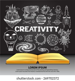Creativity doodles on opened book with chalkboard background.