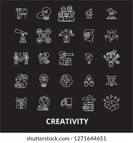 Creativity editable line icons vector set on black background. Creativity white outline illustrations, signs, symbols