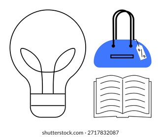 Kreativität, Bildung, Einkaufen, Innovation, Wissen, Konsumdenken. Eine Glühbirne, offenes Buch und Handtasche mit einem Anhänger. Kreativität und Bildung mit Innovation und Konsumdenken