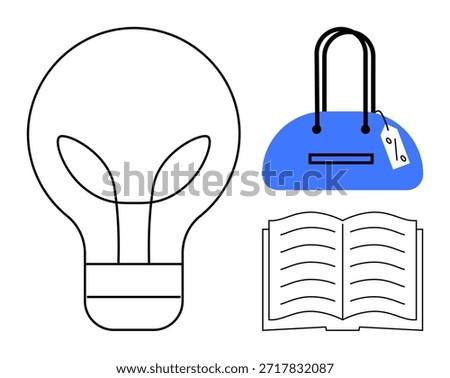 Creativity, education, shopping, innovation, knowledge, consumerism. A lightbulb, open book and handbag with a tag. Creativity and education with innovation and consumerism ideas