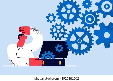 Creativity and experience of businessman concept. Young positive businessman opening briefcase showing working mechanism of different many connected cogwheels acting as whole system