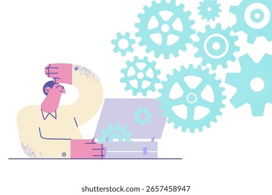 Creatividad y experiencia del concepto de hombre de negocios. Maletín de apertura de empresario positivo joven que muestra el mecanismo de trabajo de muchas ruedas dentadas conectadas que actúan como todo el sistema