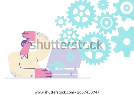 Creativity and experience of businessman concept. Young positive businessman opening briefcase showing working mechanism of different many connected cogwheels acting as whole system