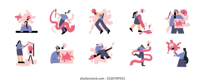 Creativity flat illustration set. Include of flyer, project, computer, success, and advertising. Vector illustration isolated