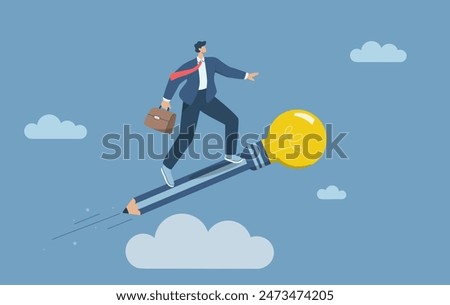Creativity in generating new business ideas, Searching for the beginning of new ideas, Acquiring contemporary innovation skills and knowledge, Businessman riding a pencil rocket with a light bulb.